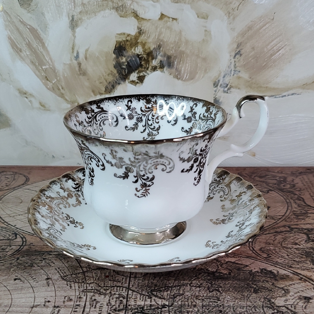 Royal Albert White and Silver Teacup and Saucer Set